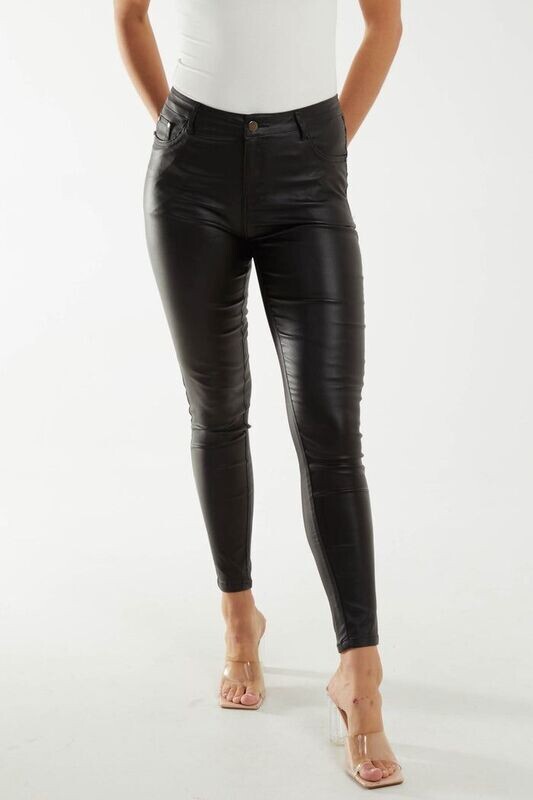 MID RISE FAUX LEATHER SKINNY JEANS