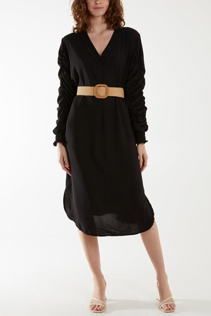 RUFFLE SLEEVE PELTED MIDI DRESS