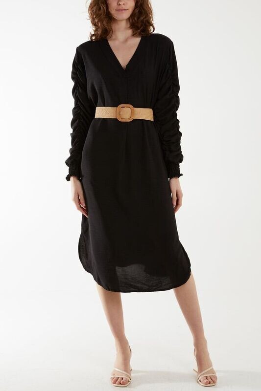 RUFFLE SLEEVE PELTED MIDI DRESS