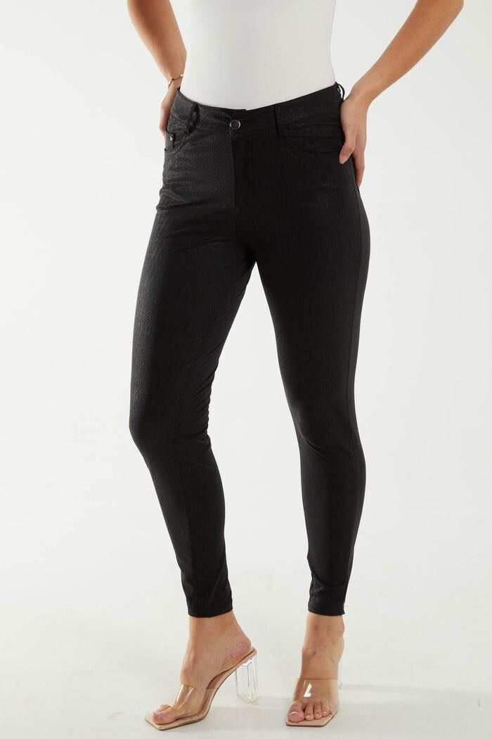 MID RISE SHIMMER BLACK SKINNY JEANS