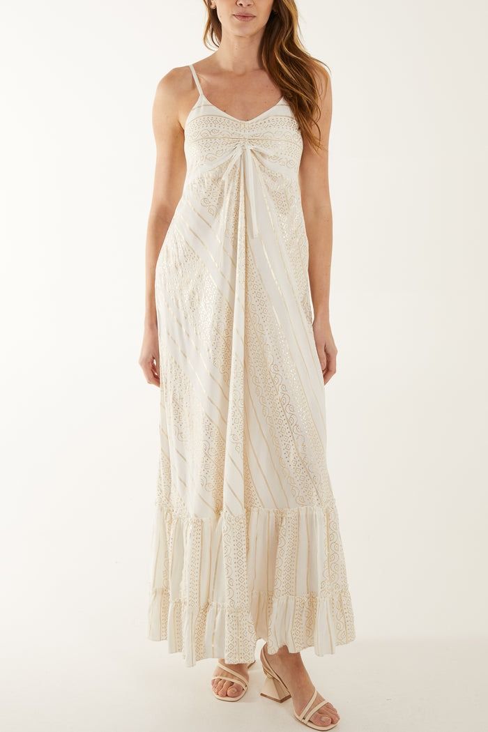GOLD LUREX CINCHED FRONT MAXI DRESS