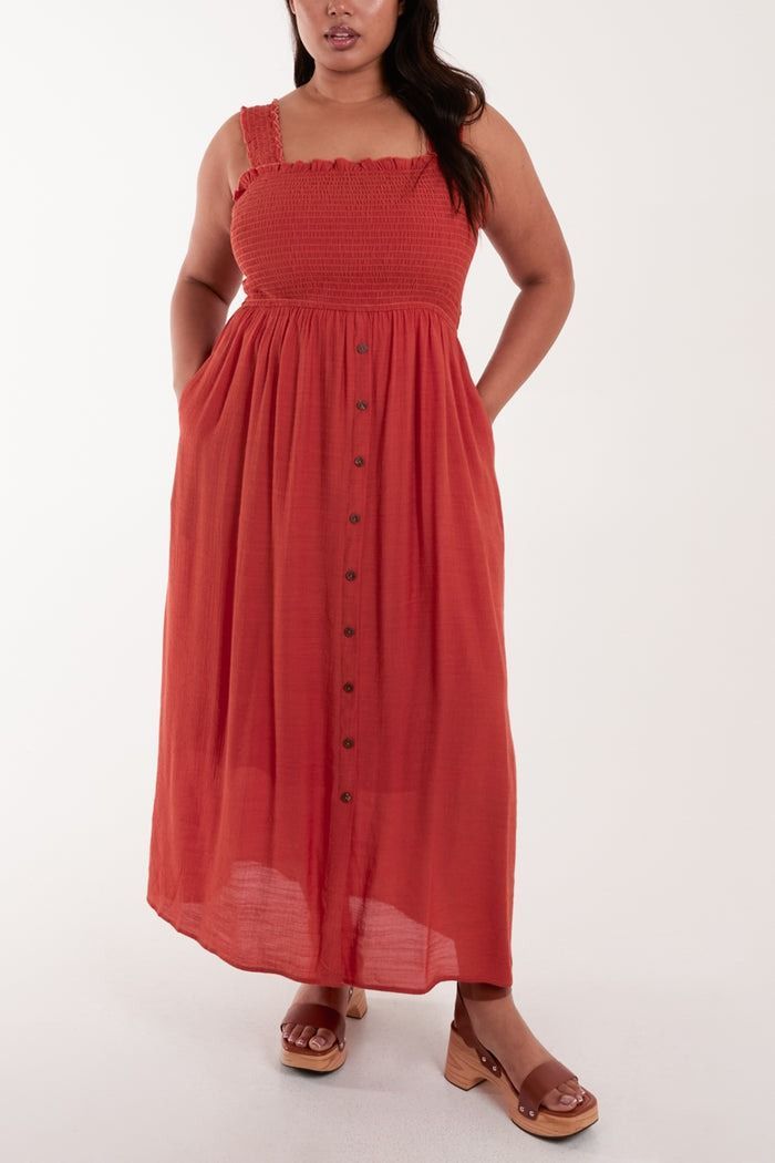 CURVE SHIRRED BUST BUTTON DOWN DRESS