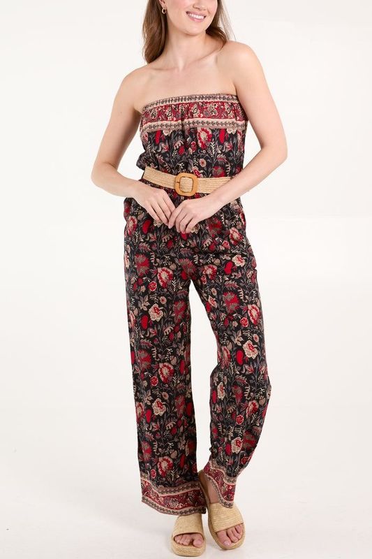 WOVEN BELTED BANDEAU FLORAL JUMPSUIT