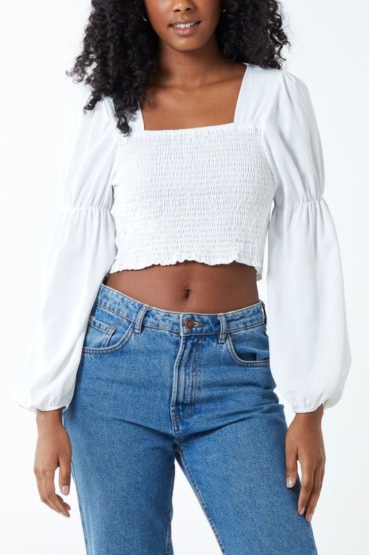 BALLOON SLEEVE SHIRRED CROP TOP
