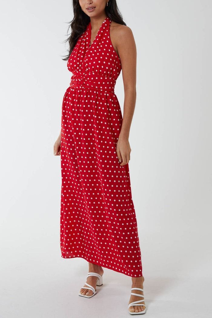 POLKA DOT HALTERNECK BUTTON BELT MAXI DRESS