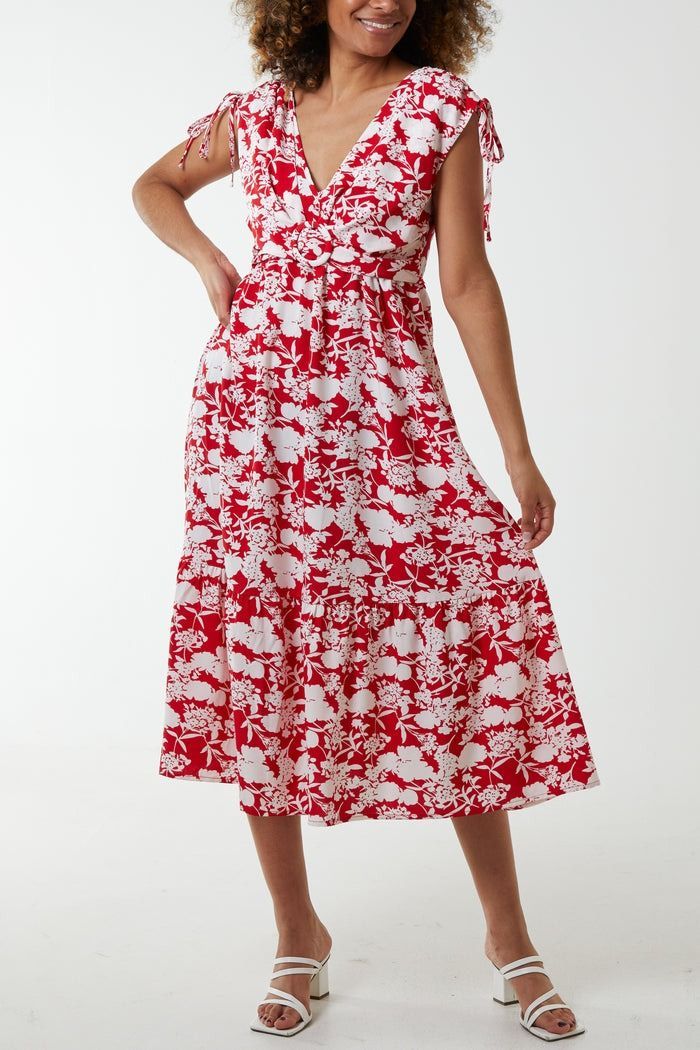 RING FRONT FLORAL V-NECK MIDI DRESS
