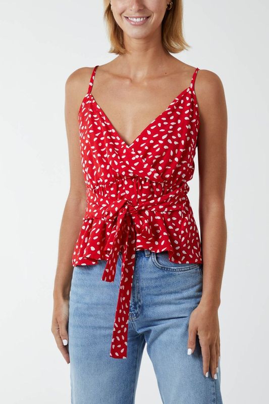 SPOT CAMI STRAP WRAP TIE PEPLUM TOP