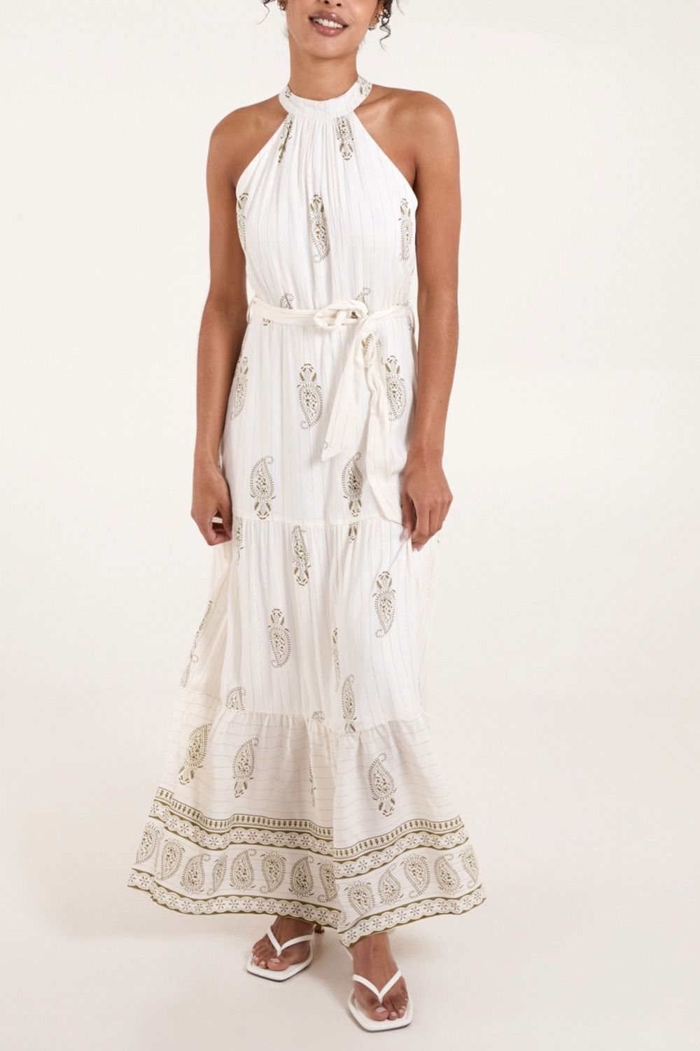 HALTER NECK PAISLEY BELTED MAXI DRESS