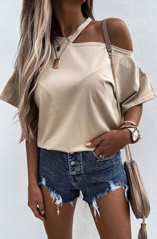 CUT OUT COLD SHOULDER T-SHIRT TOP