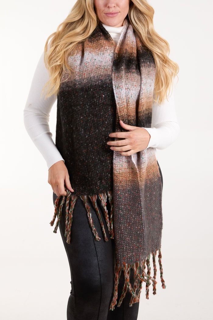 STRIPE AND SPACE DYE FLUFFY TASSEL SCARF