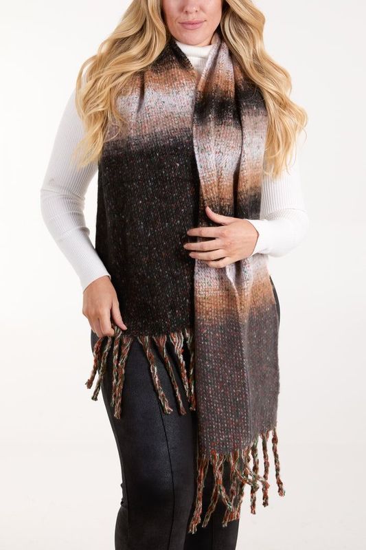 STRIPE AND SPACE DYE FLUFFY TASSEL SCARF