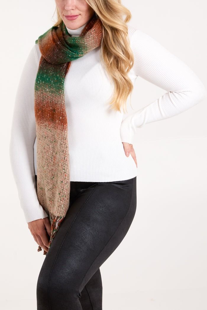 STRIPE AND SPACE DYE FLUFFY TASSEL SCARF