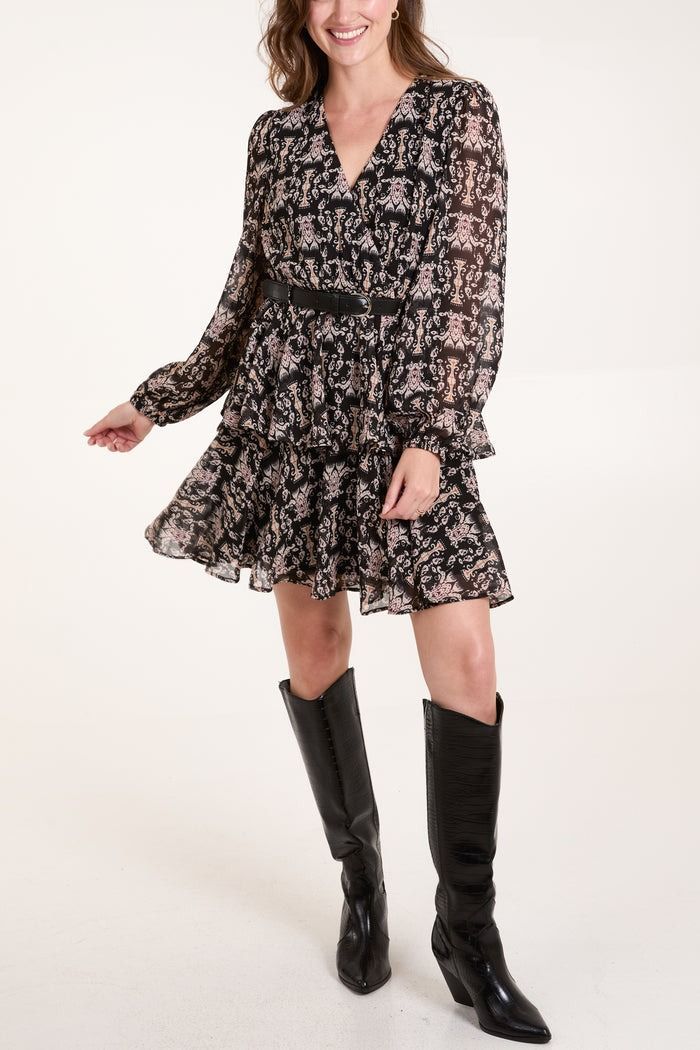 DAMASK WRAP FRONT BELTED DOUBLE FRILL DRESS