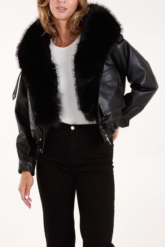 PU FUR HOODED CROPPED BOMBER JACKET