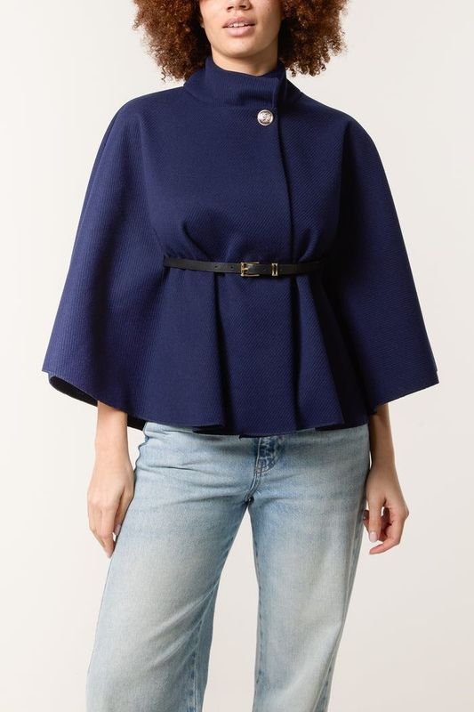 HIGH NECK WOOL LIKE BELTED CAPE