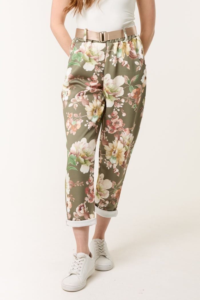 FLORAL PRINT SOFT TOUCH BELTED TROUSERS