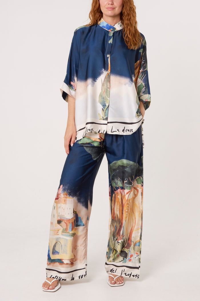 LANDSCAPE PRINT TWO PIECE SATIN SET