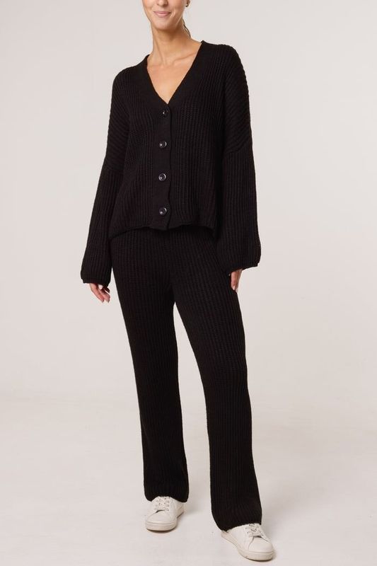 RIBBED KNIT CARDIGAN & TROUSERS SET