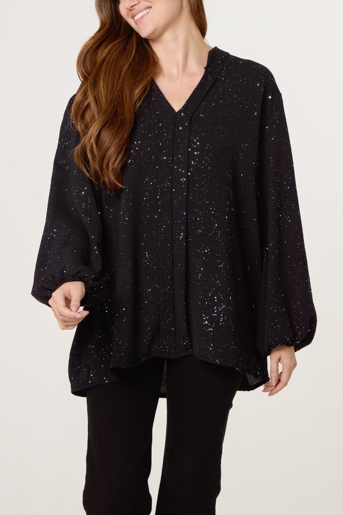 METALLIC GLITTER COLLARLESS V-NECK BLOUSE