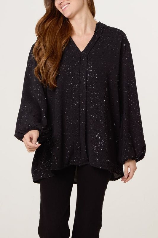 METALLIC GLITTER COLLARLESS V-NECK BLOUSE