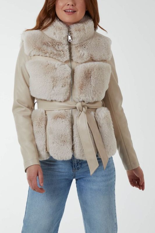 LUXURY FAUX FUR PANELLED PU JACKET