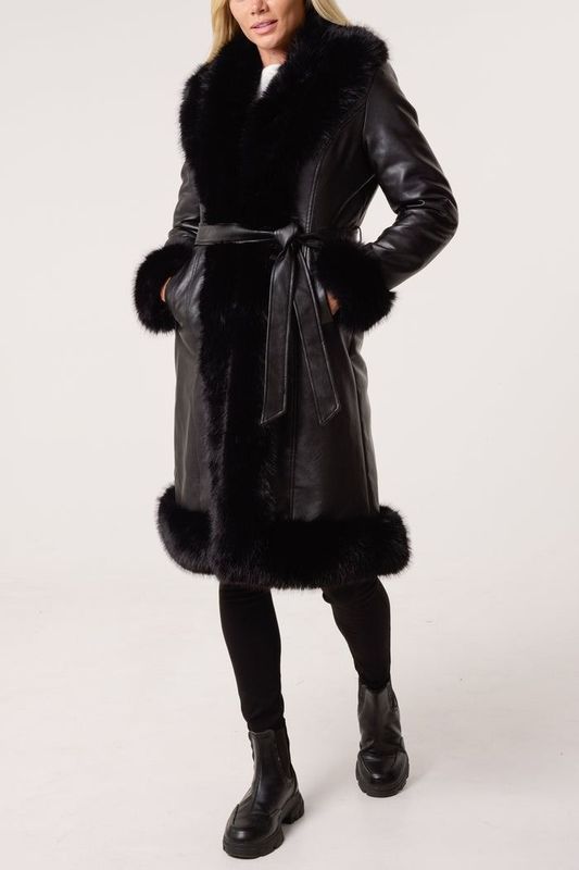 FAUX FUR TRIM PU LEATHER LONG COAT