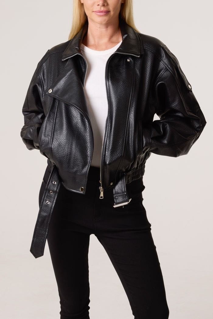 OVERSIZED BELTED PU BIKER BOMBER JACKET