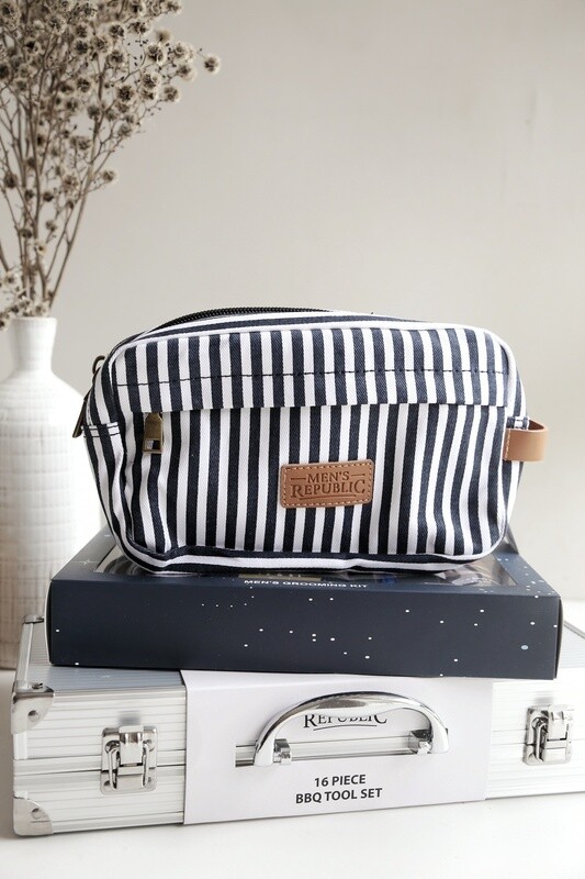Men&#39;s Toiletry Bag - Canvas and Leather - Navy Stripe
