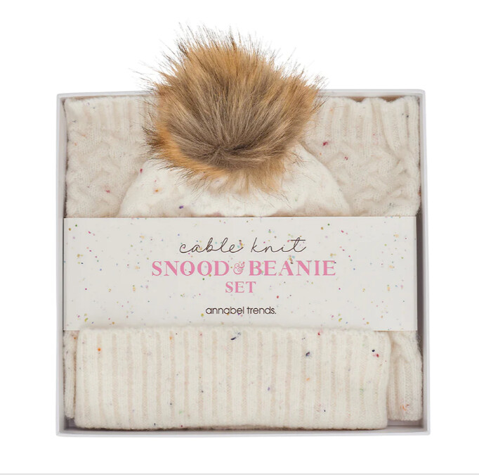 Beanie &amp; Snood Set - Cable Knit, Colour: Speckie Cream