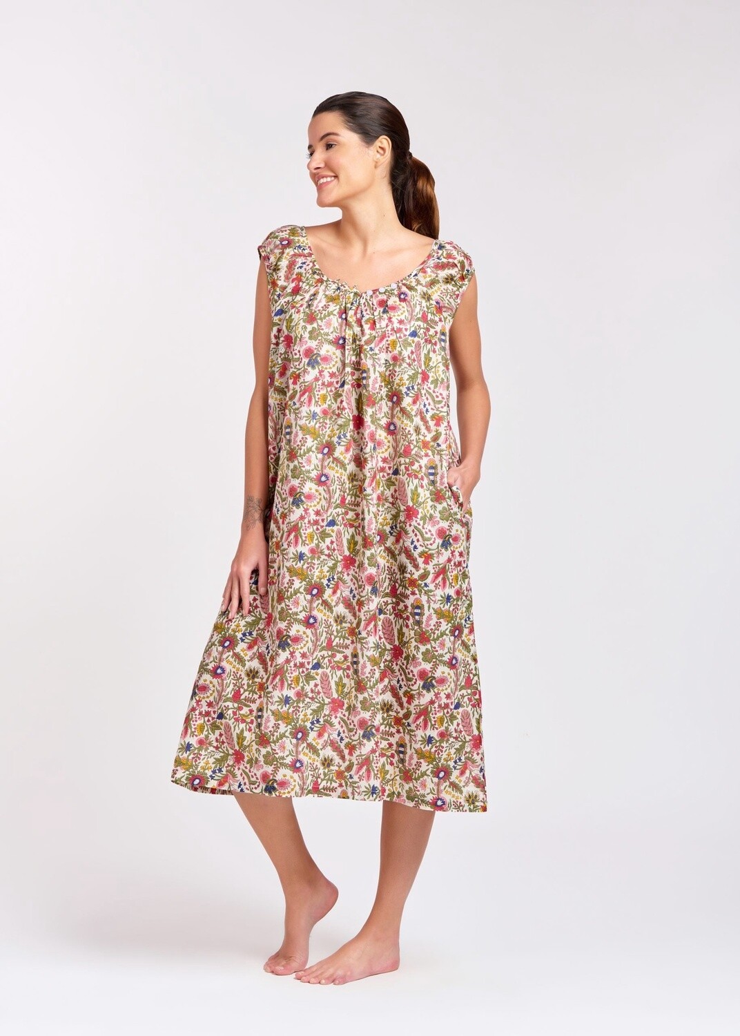 Dress - Capped Sleeve - Cotton, Colour: White with Floral, Size: XS