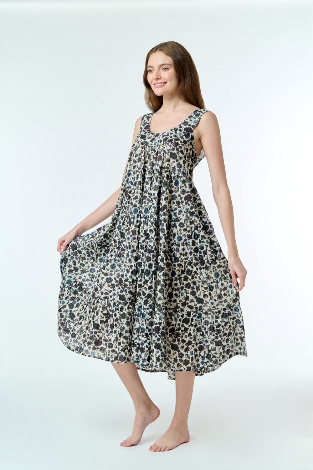 Dress - Tiered Sleeveless - Cotton Black Floral, Colour: Black Floral, Size: XS