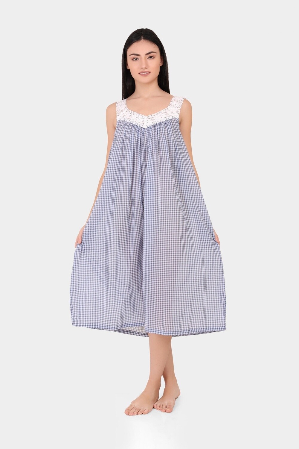 Nightwear - LACE V-Neck Sleeveless - Cotton, Colour: Blue Gingham, Size: XS