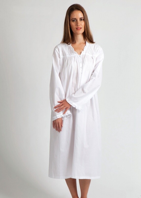 Nightwear White LONG Sleeve Lace/Pin tucked