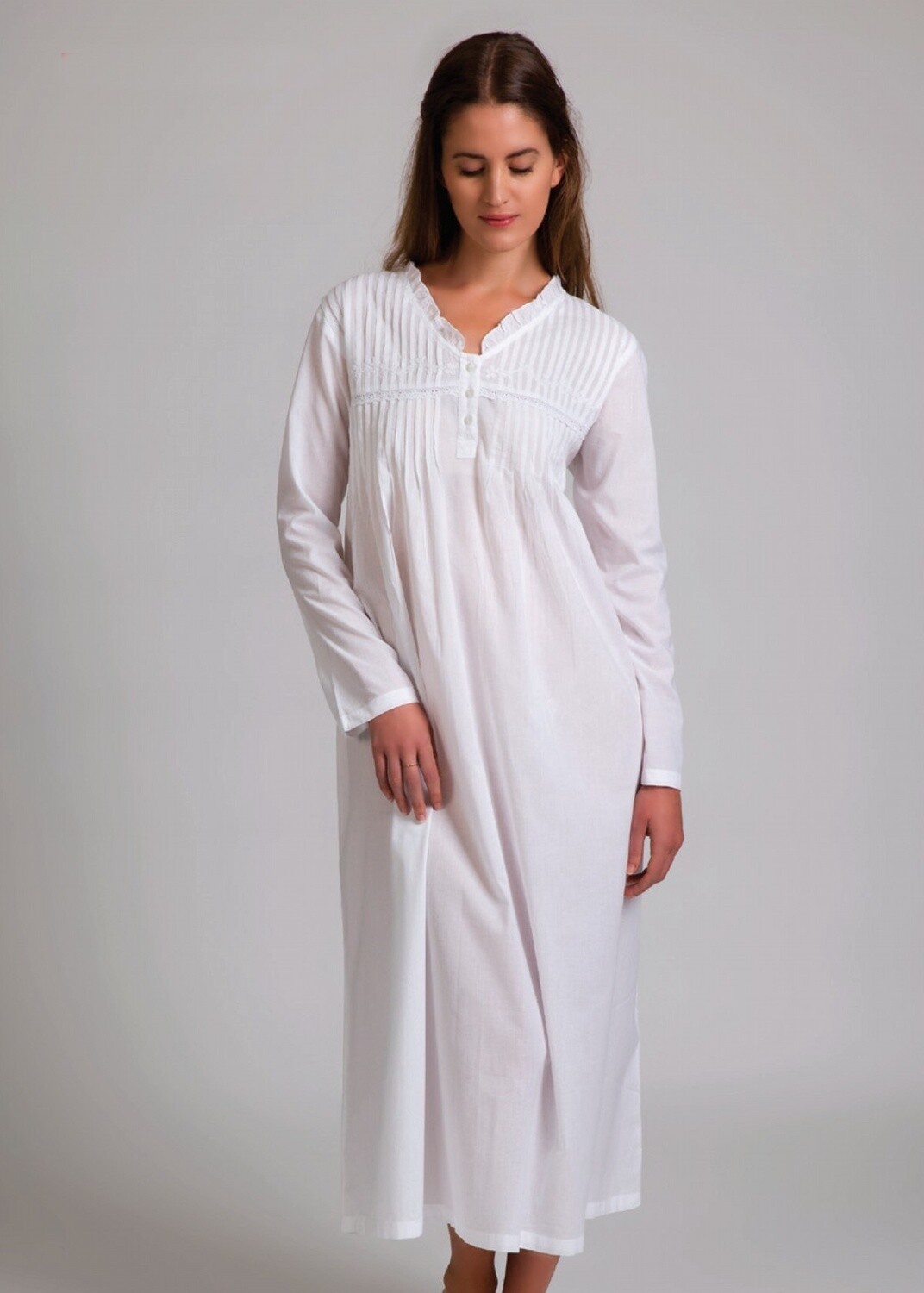 Nightwear - LONG Sleeve White Pin Tucked, Size: XS