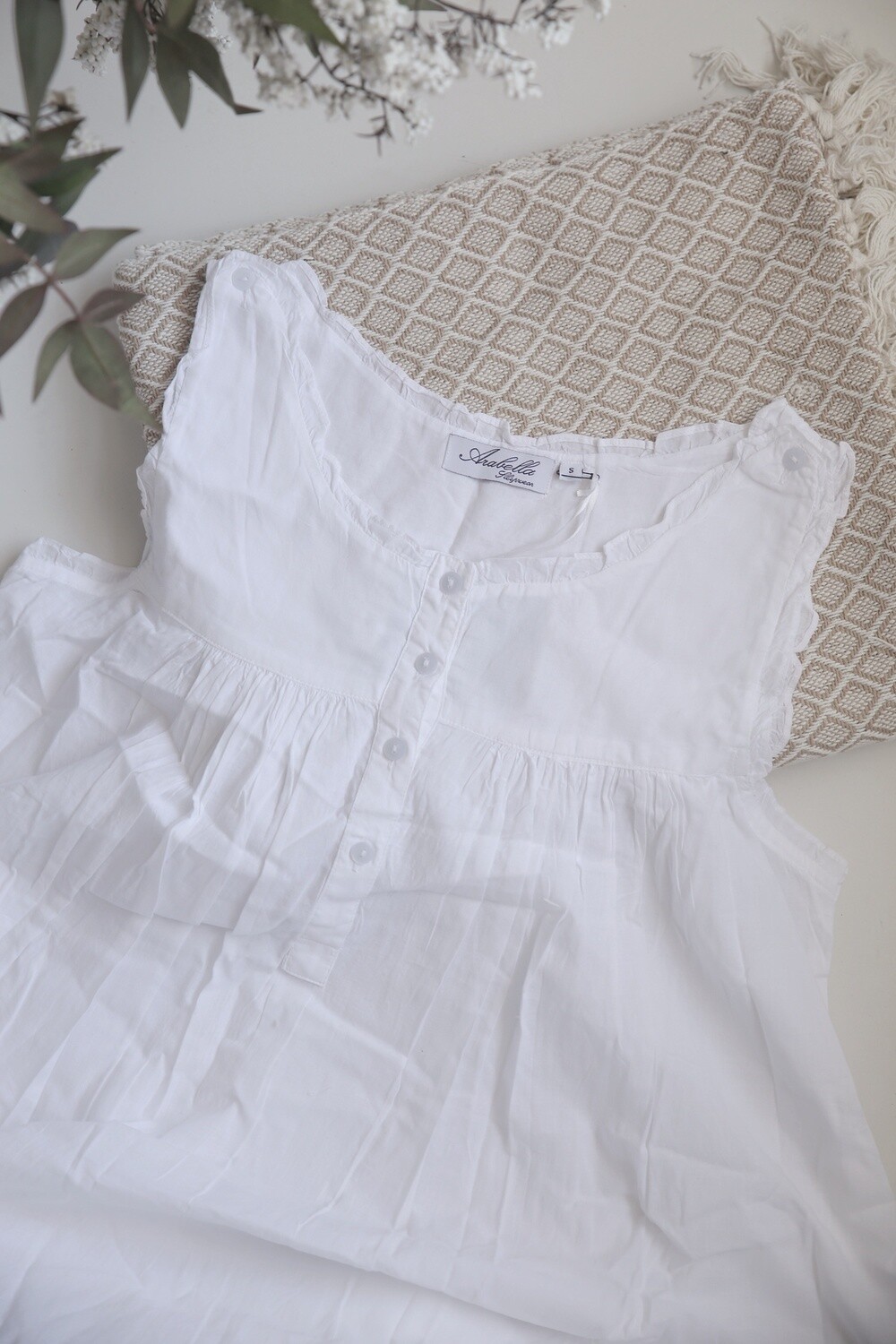 Nightwear - Shoulder-button Sleeveless - Cotton, Colour: White, Size: XXXL
