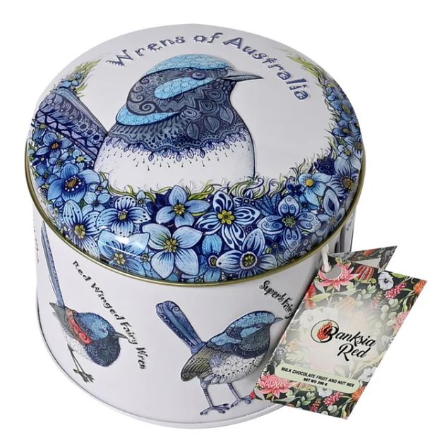 Banksia Wrens of Australia Embossed Tin - Milk Choc Fruit &amp; Nuts