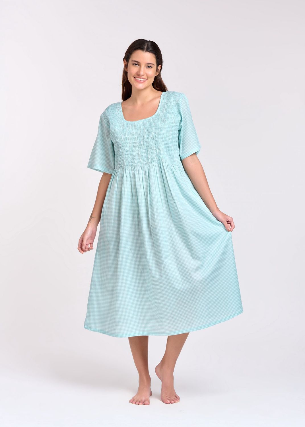 Dress - Shirred Short Sleeve - Gingham Mint, Colour: Mint, Size: XS