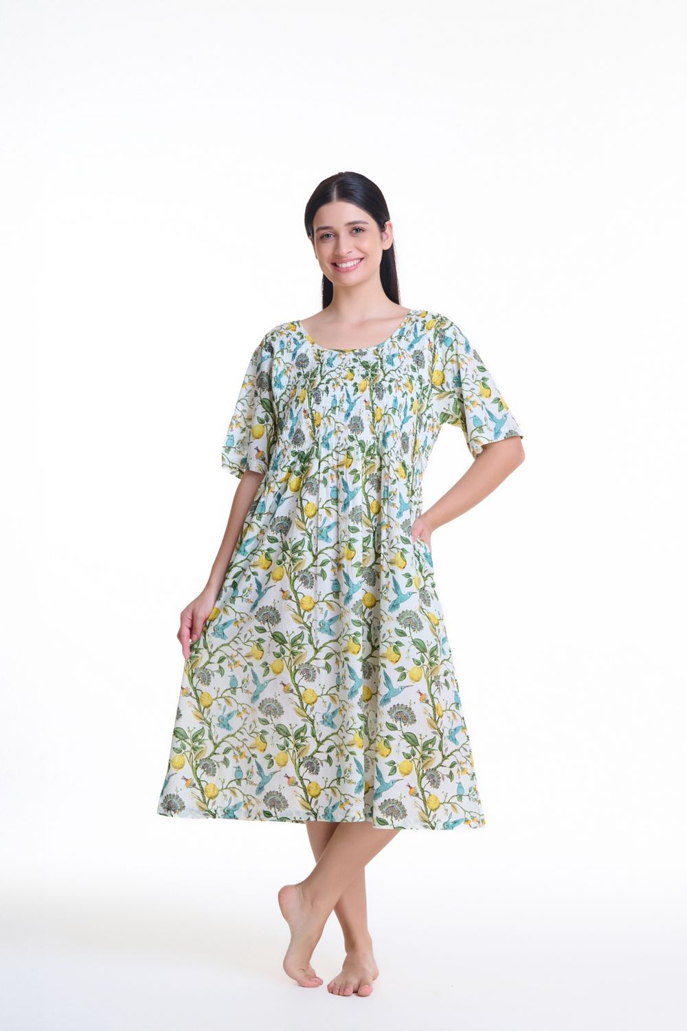 Dress - Shirred Short Sleeve - Lemon Bird, Size: XS