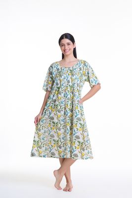 Dress - Shirred Short Sleeve - Lemon Bird