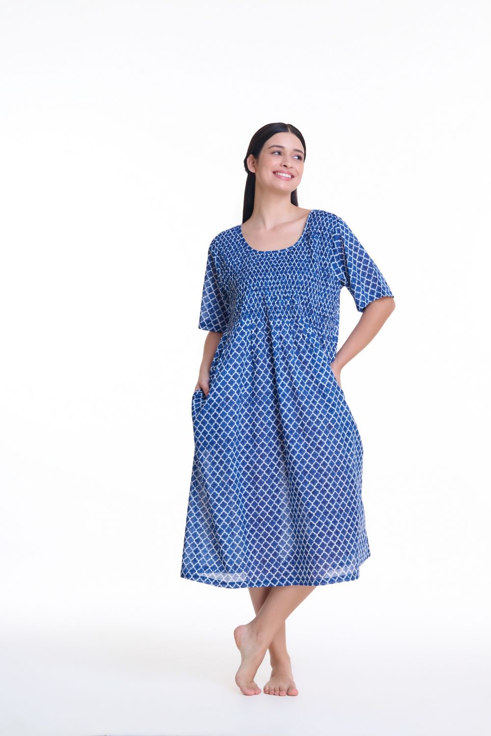 Dress - Shirred Short Sleeve - Blue Geo, Size: XS