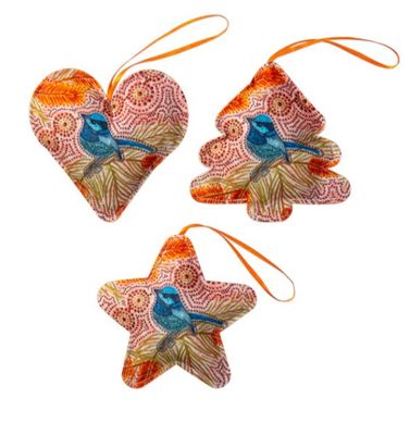 Aboriginal Blue Wren 3 pack Christmas Ornaments