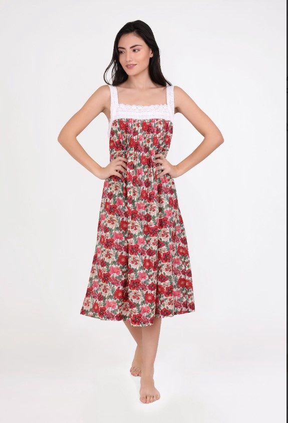 Nightwear - LACE Pin Tucked Sleeveless  - Cotton, Colour: White Green Floral, Size: XS