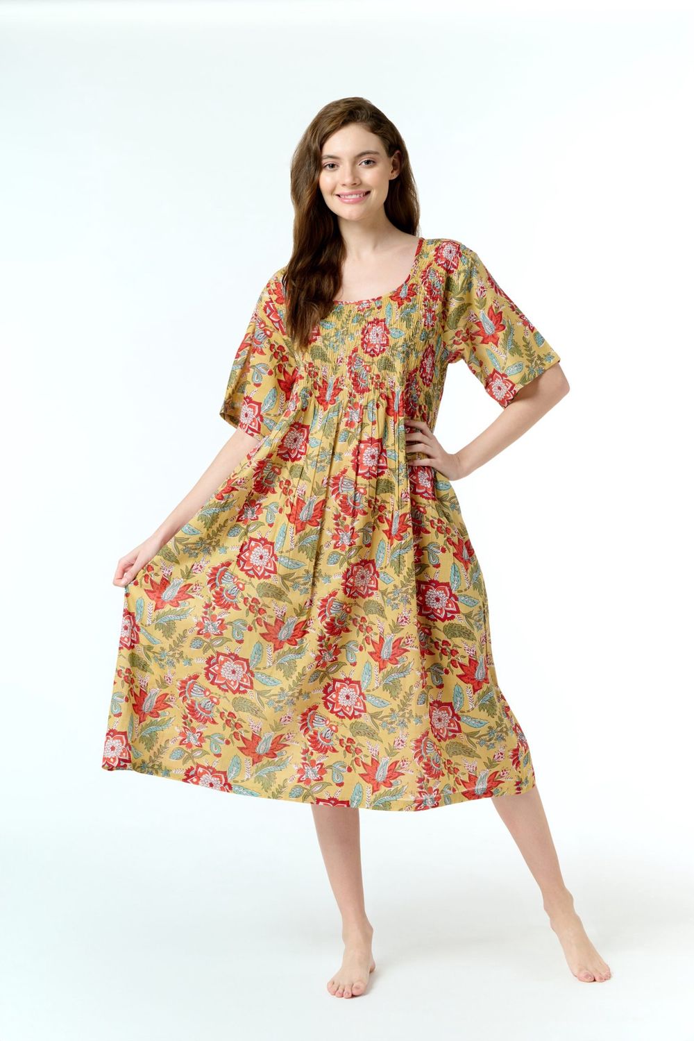 Dress - Shirred Short Sleeve - Cotton, Colour: Mustard with Red Flowers, Size: XS