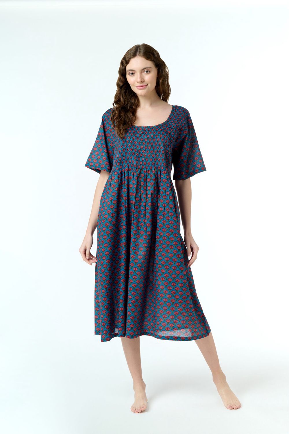 Dress - Shirred Short Sleeve - Cotton, Colour: Navy with Burgundy Flowers, Size: XS