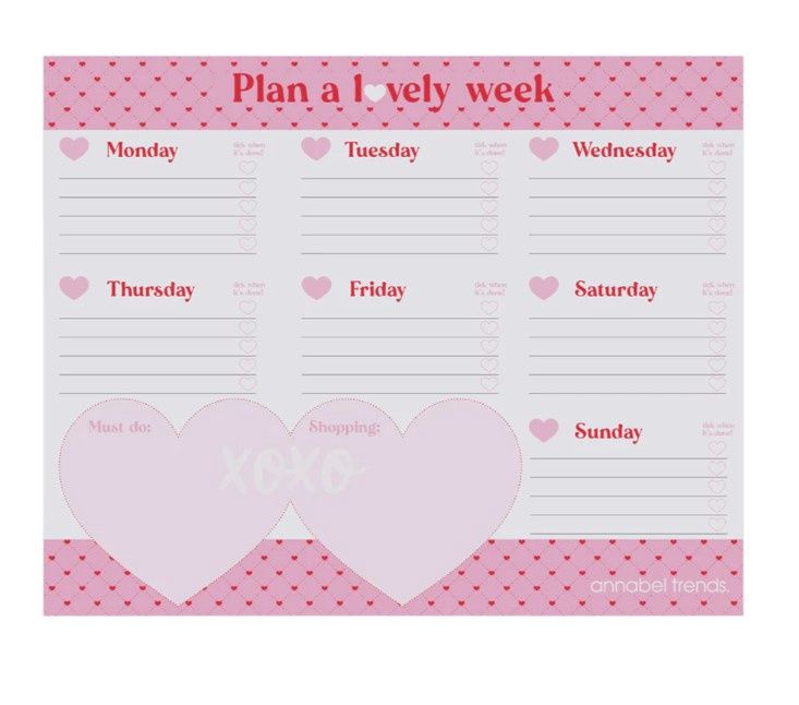 Weekly Planner Pad, Pattern: Hearts