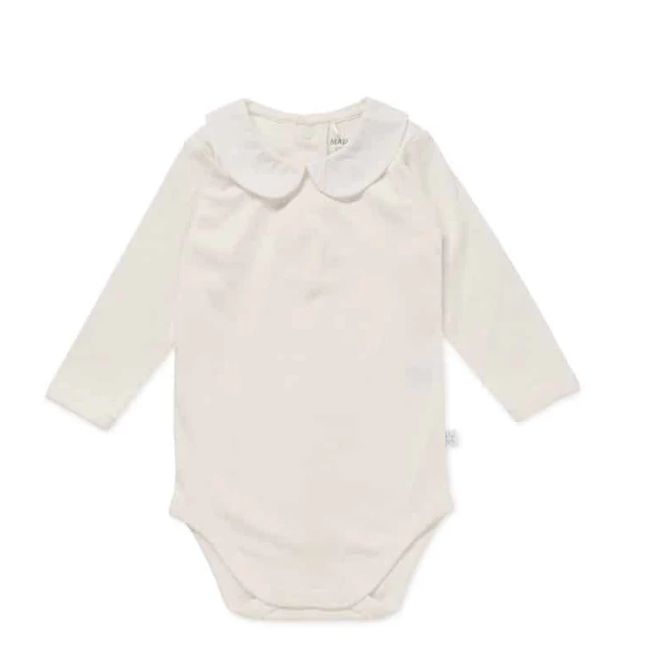 Bodysuit - Peter Pan Collar - Cream longsleeve studsuit, Size: 00