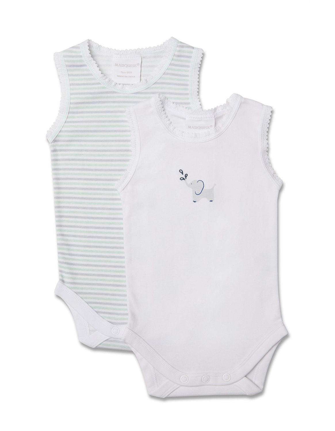 Bodysuit sleeveless - 2pk White/Green Elephant, Size: 000