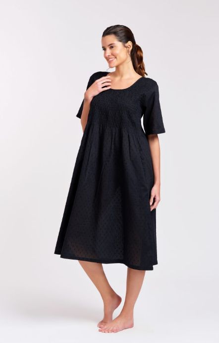 Dress - Shirred Short Sleeve - Black, Size: XS