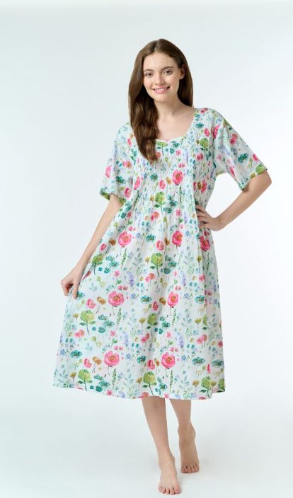 Dress - Shirred Short Sleeve - Watercolour Flowers, Size: XS