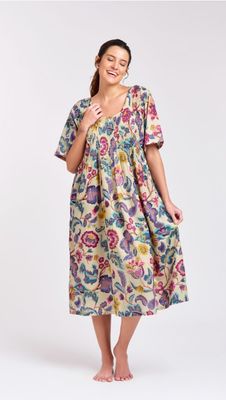 Dress - Shirred Bodice - Purple Floral